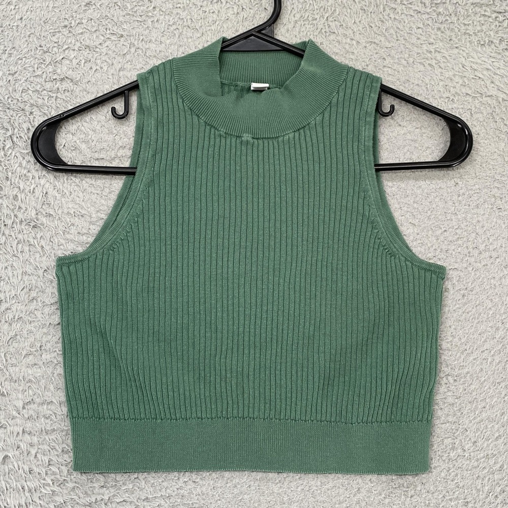 Uniqlo Ribbed Knit Tank‎ Vest Womens Small Green Mock Neck Sweater Minimalist